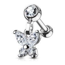 Cartilage piercing do ucha s motýlkem, čiré zirkony