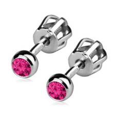 Stříbrné šroubovací náušnice, tmavě růžové zirkony