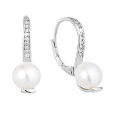 Stříbrné náušnice visací s bílou říční perlou