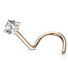 Zlacený zahnutý piercing do nosu čtvereček - čirý zirkon