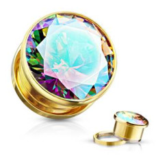 Zlacený ocelový plug s duhovým kamenem