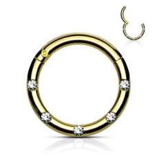 Zlacený piercing kruh segment, čiré kameny, 1,2 x 8 mm