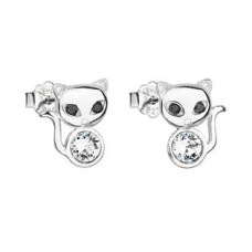 Stříbrné náušnice pecka s krystaly Swarovski bílá kočka 