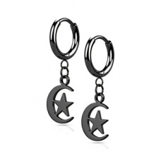 Černé ocelové náušnice - měsíc s hvězdou