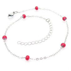 Ocelový náramek na nohu s červenými korálky