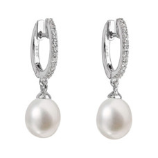 Stříbrné náušnice visací s bílou říční perlou 
