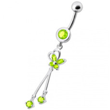 Piercing do pupíku s motýlkem, světle zelené zirkony
