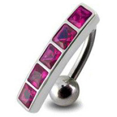 Stříbrný piercing do pupíku, tmavě růžové  zirkony