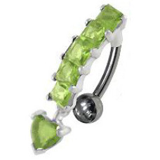 Stříbrný piercing do pupíku, světle zelené zirkony