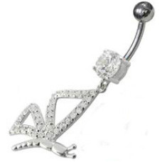 Stříbrný piercing do pupíku, čiré zirkony