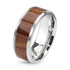 Ocelový prsten dekor dřevo, šíře 6 mm, vel. 52