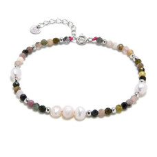 Minerální náramek přírodní Turmalín a perličky, stříbro AG925