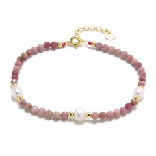 Minerální náramek přírodní Rodonit a perly, stříbro AG925