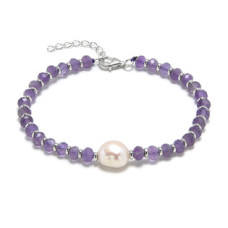 Minerální náramek přírodní Ametysty a perla, stříbro AG925