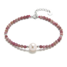 Minerální náramek přírodní Rodochrosit a perla, stříbro AG925