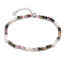 Minerální náramek přírodní Turmalín a perličky, stříbro AG925