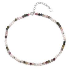 Náramek na kotník přírodní Turmalín a perličky, stříbro AG925