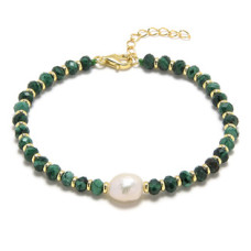 Minerální náramek přírodní Malachit a perla, stříbro AG925