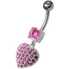 Stříbrný piercing do pupíku - srdíčko, růžové zirkony