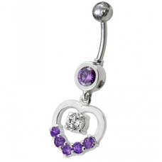 Stříbrný piercing do pupíku - srdíčko, tmavě fialové zirkony