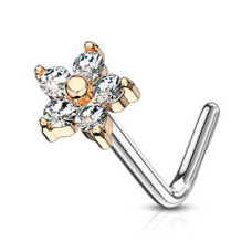 Zlacený zahnutý piercing do nosu, čiré kamínky