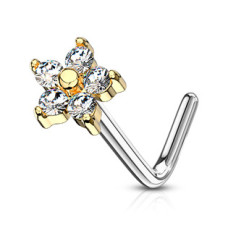 Zlacený zahnutý piercing do nosu, čiré kamínky
