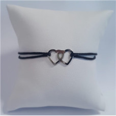 Černý textilní náramek dvě srdce, Ag 925