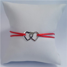 Červený textilní náramek dvě srdce, Ag 925