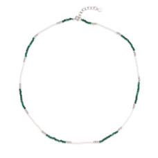 Minerální náhrdelník přírodní Malachit a perly, stříbro AG925
