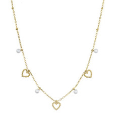 Náhrdelník ocelový s perličkami a srdíčky