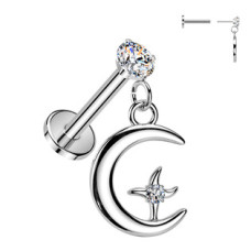 Piercing do ucha PUSH IN labreta, měsíc a hvězda
