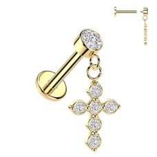 Zlacený piercing do ucha - labreta s křížkem, 1,2 x 6 mm