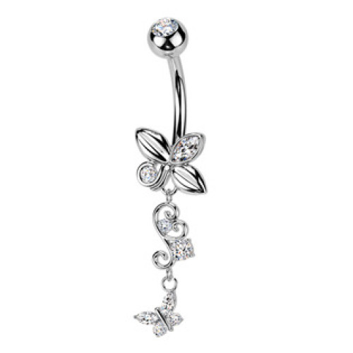 Visací piercing do pupíku s motýlky Visací piercing do pupíku s motýlky