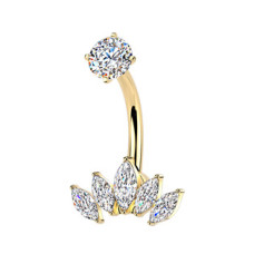 Zlacený ocelový piercing do pupíku se zirkony