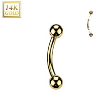 Zlatý piercing do obočí 1,2 x 8 mm, kuličky 3 mm, Au 585/1000