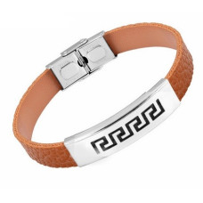 Kožený náramek světle hnědý s ocelovou destičkou s řeckým vzorem