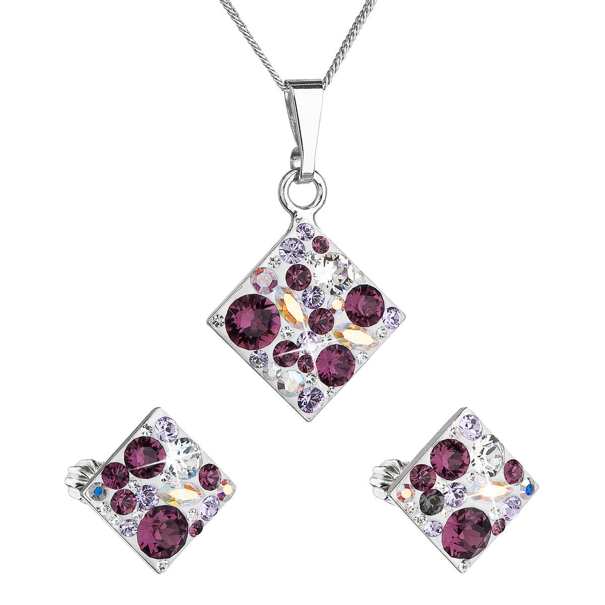 Sada šperků s krystaly Swarovski náušnice, řetízek a přívěsek fialový kosočtverec 39126.3 amethyst