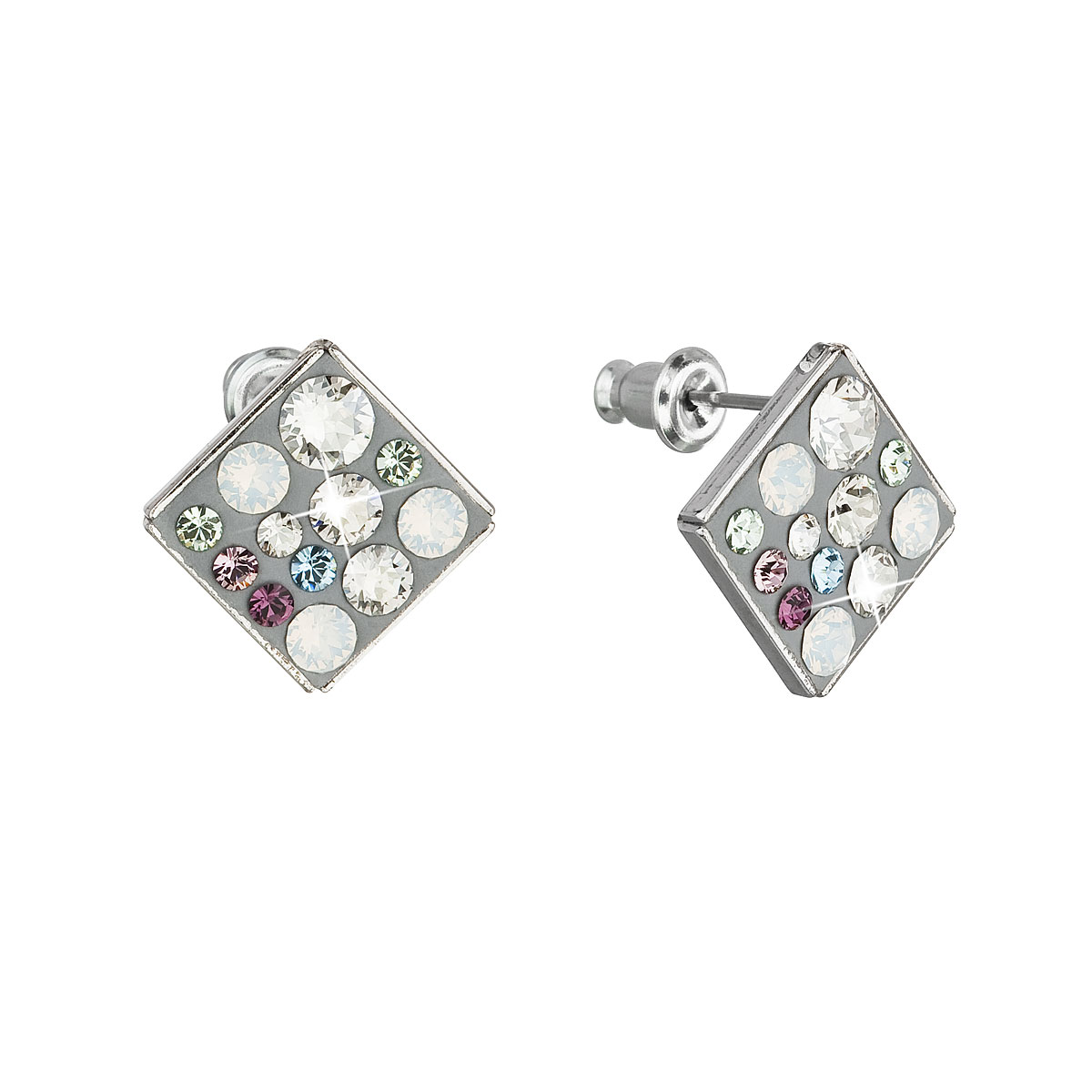Náušnice bižuterie se Swarovski krystaly mix barev bílá zelená fialová kosočtverec 51032.3