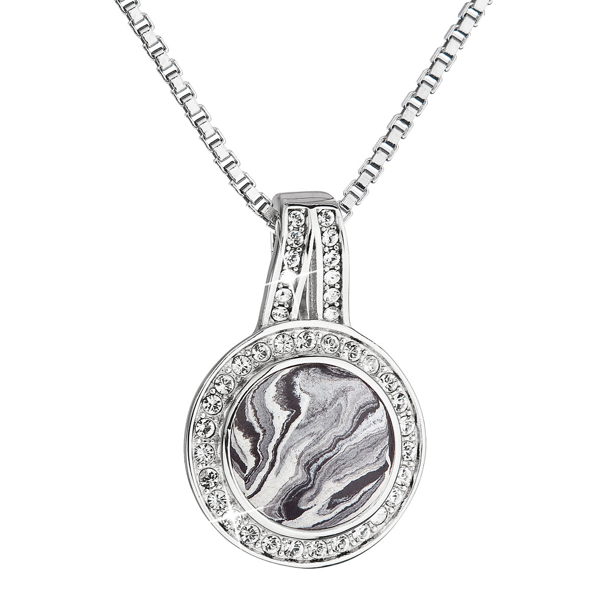 Stříbrný náhrdelník kulatý černobílý mramor se Swarovski krystaly 72062.1