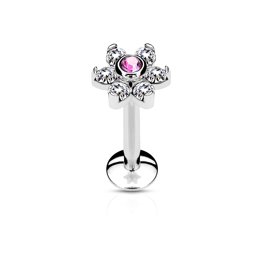 Piercing do brady - labreta kytička, růžový/čiré kamínky