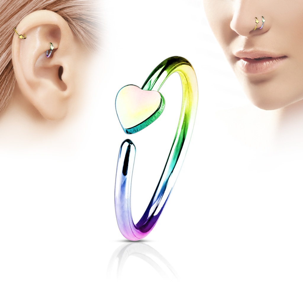 Duhový piercing do nosu/ucha kruh se srdíčkem