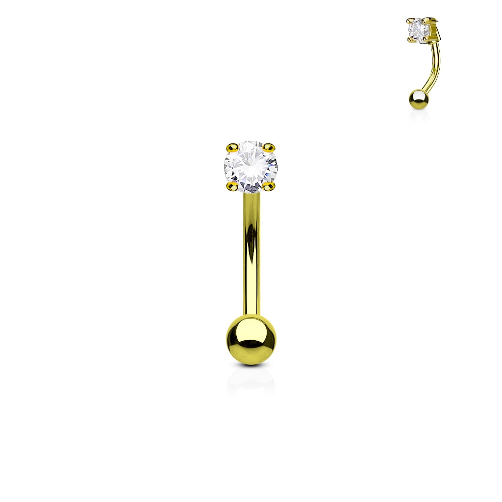 Zlacený piercing do obočí - zirkon, čirá barva