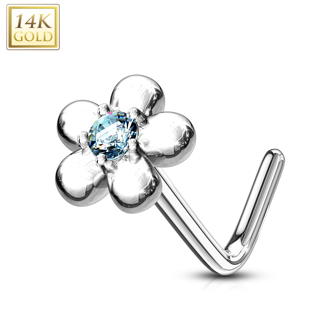 Zlatý piercing do nosu kytička - tyrkysový zirkon, Au 585/1000