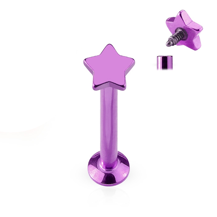 Piercing do brady - labreta 1,2 x 6 mm, fialová hvězda